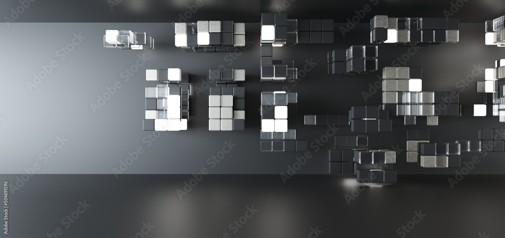 box. Luxury parametric abstract architectural minimalistic background. Contemporary showroom. Modern black exhibition tunnel. Empty gallery. Stand, table. Interior backlight. 3D illustration and rende