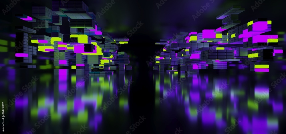 Abstract architectural minimalistic background. Laser show in the ultraviolet spectrum. Modern impulse tunnel. Futuristic space sci-fi frame neon backlight. 3D illustration and rendering.