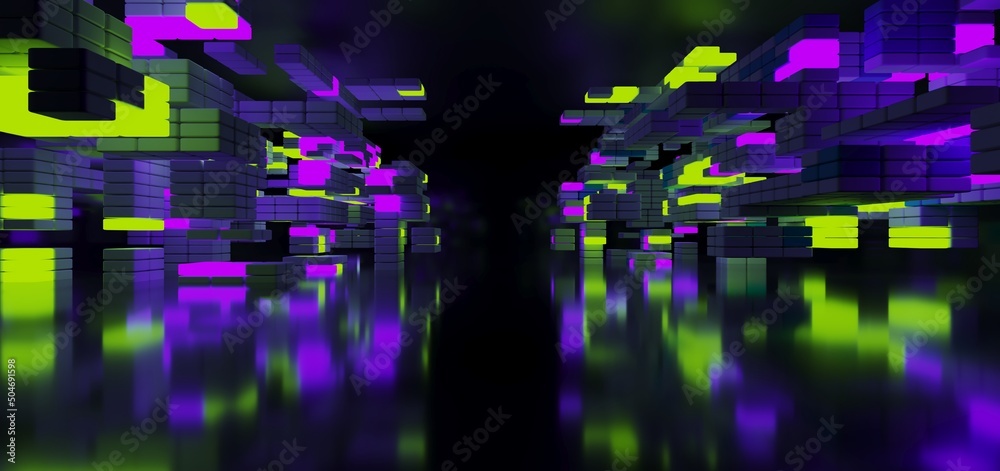 Abstract architectural minimalistic background. Laser show in the ultraviolet spectrum. Modern impulse tunnel. Futuristic space sci-fi frame neon backlight. 3D illustration and rendering.