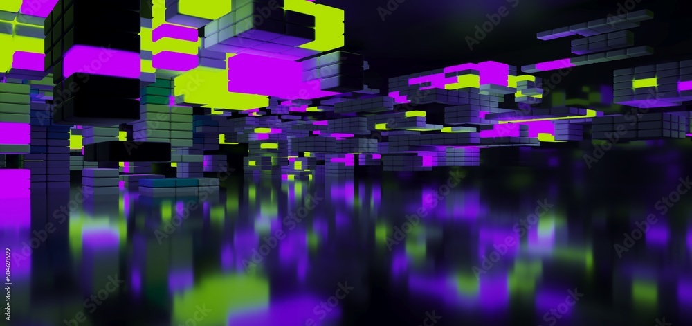 Abstract architectural minimalistic background. Laser show in the ultraviolet spectrum. Modern impulse tunnel. Futuristic space sci-fi frame neon backlight. 3D illustration and rendering.
