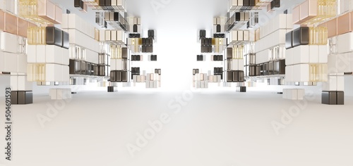 Obraz na płótnie Luxury parametric abstract architectural minimalistic background. Contemporary showroom. Modern colored glass exhibition tunnel. Empty gallery. Backlight. 3D illustration and rendering. w salonie
