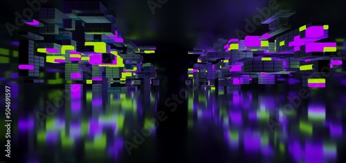 Obraz na płótnie Abstract architectural minimalistic background. Laser show in the ultraviolet spectrum. Modern impulse tunnel. Futuristic space sci-fi frame neon backlight. 3D illustration and rendering. w salonie