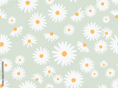 Seamless pattern with daisy flower on green background vector illustration. Cute floral print.
