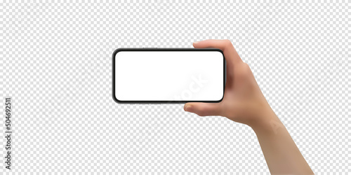 Woman hand showing horizontal phone empty screen, vector illustration