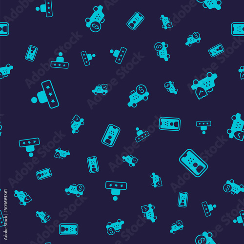 Set Taxi service rating, car insurance, Taximeter device and driver license on seamless pattern. Vector