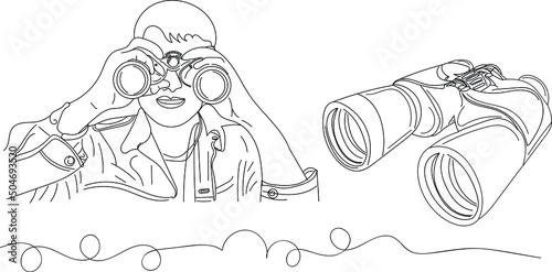 Binocular logo, Binocular sketch, outline sketch drawing of young man holding Binocular, line art illustration of Binocular silhouette vector
