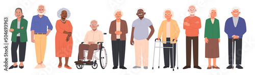 Elderly people characters set. Happy seniors, old men and women of different nations in full growth photo
