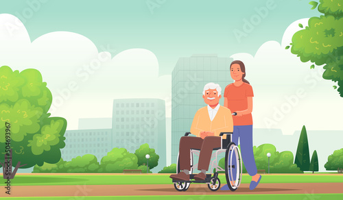 Elderly care. A nurse or volunteer drives an old man in a wheelchair through the park near a hospital or nursing home