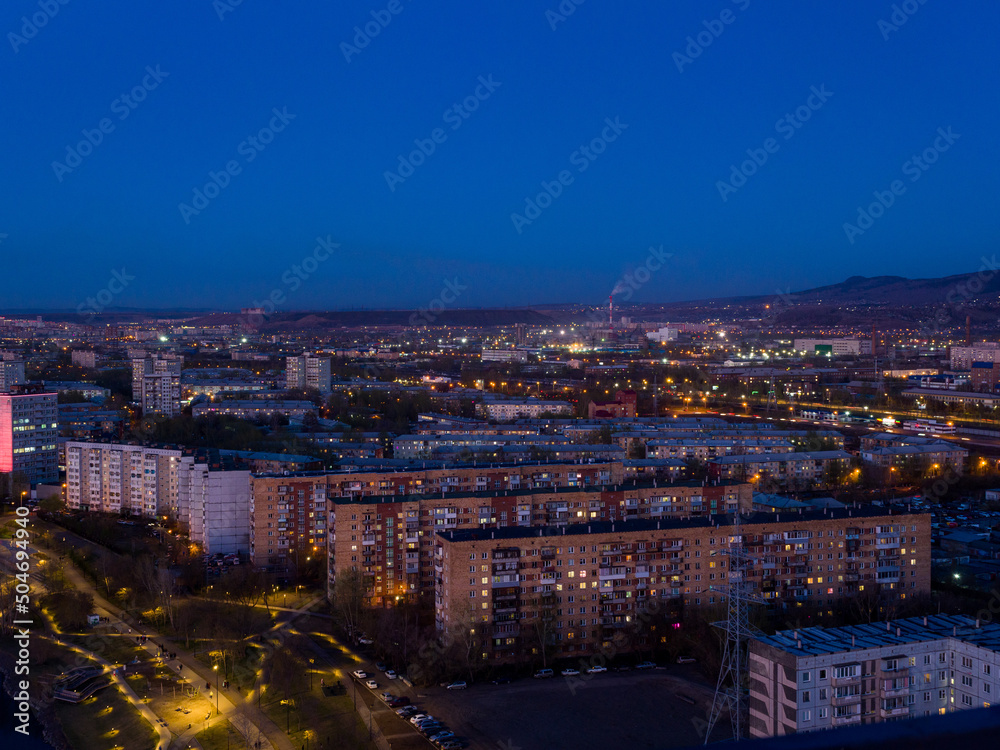 Panorama of the Siberian city of Krasnoyarsk. Evening top view. Right bank