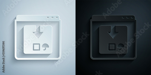 Paper cut Online app delivery tracking icon isolated on grey and black background. Parcel tracking. Paper art style. Vector