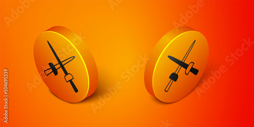 Isometric Fencing icon isolated on orange background. Sport equipment. Orange circle button. Vector