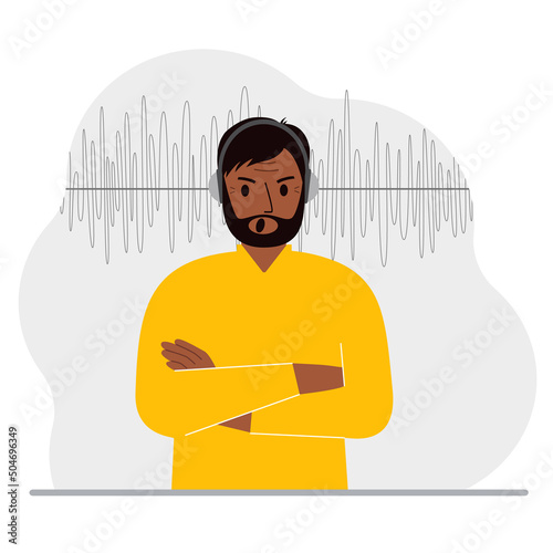 Man in headphones and a sound track. Concept of online podcast, radio, online books, online learning and music.