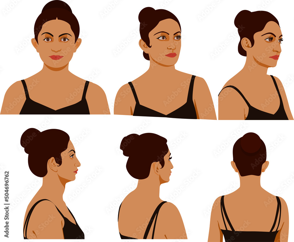 Female head character for animation front side back turnaround
