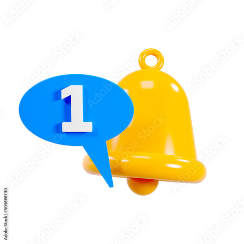 3d render of notification gold bell icon and blue speech bubble with number one.