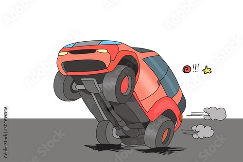 Cartoon comic red suv car driving behavior concept vector drawing driver attitude caricature while driving in road feeling greatness and self love violation of traffic laws regulations illustration