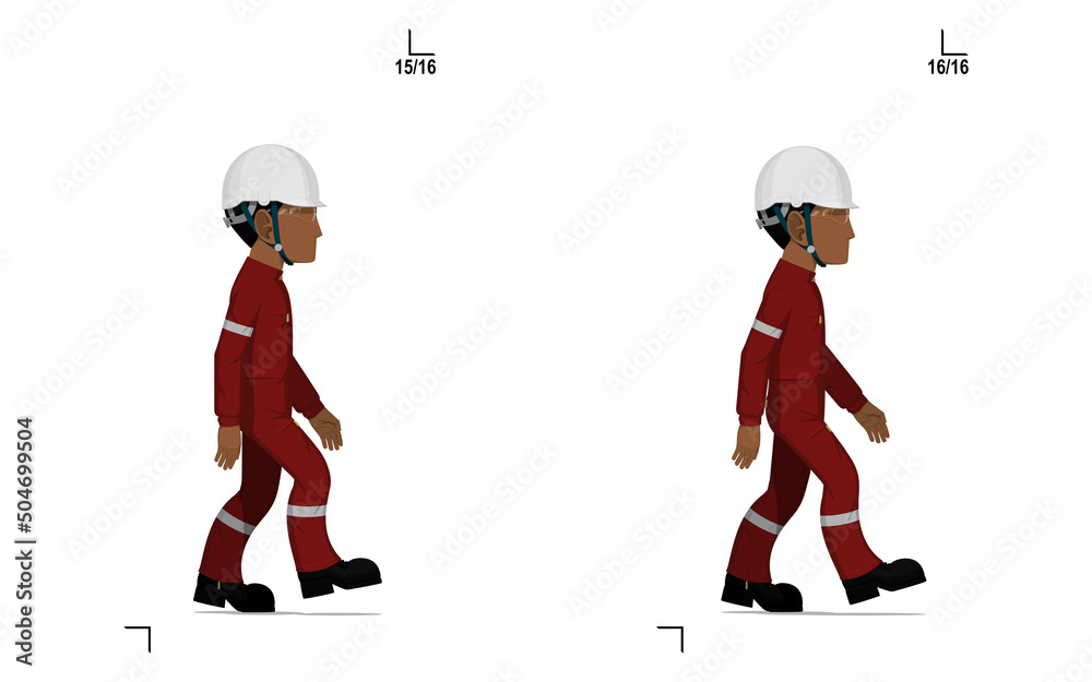 An industrial worker is walking on white background frame(9-11) of 16 - obrazy, fototapety, plakaty 