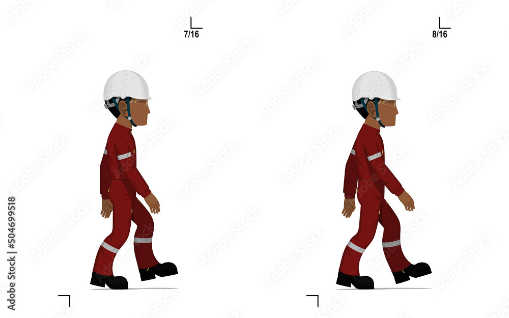 An industrial worker is walking on white background frame(15-16) of 16 - obrazy, fototapety, plakaty 