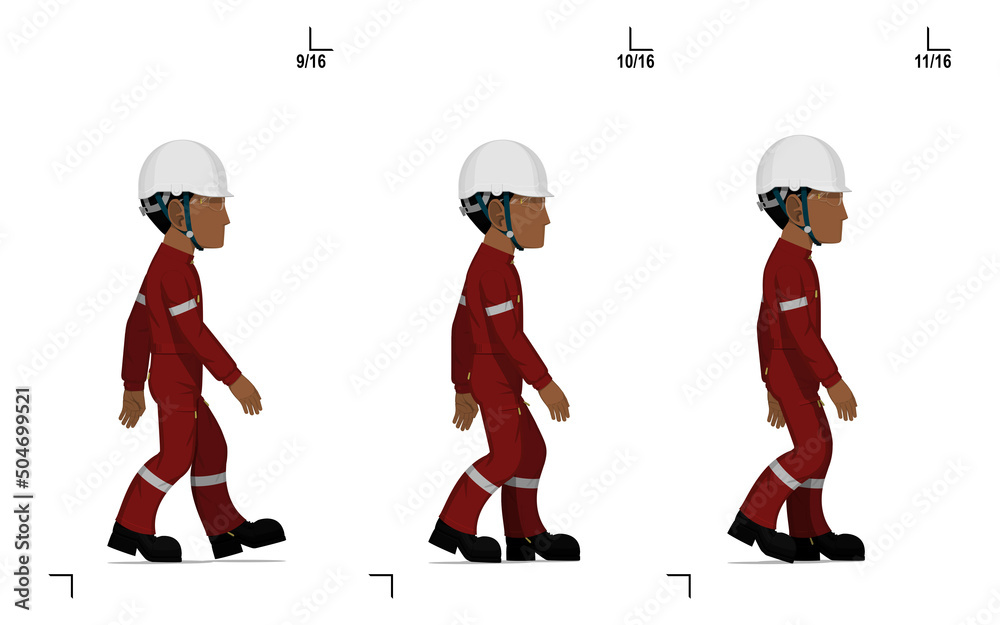 An industrial worker is walking on white background frame(4-6) of 16 - obrazy, fototapety, plakaty 