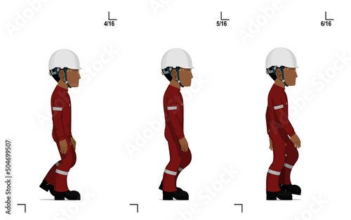 An industrial worker is walking on white background frame(12-14) of 16