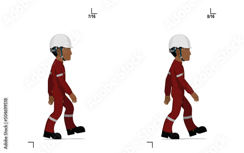 An industrial worker is walking on white background frame(15-16) of 16