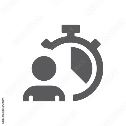 Man with clock, stopwatch black vector icon. Deadline, working hours and time filled symbol.