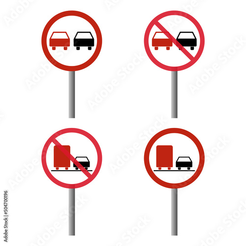 Set of No overtaking warning road, prohibition transportation icon, car forbidden information vector illustration