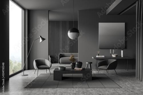Grey living room interior with sofa and seats  panoramic window
