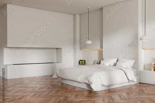 Light bedroom interior with bed and fireplace  decoration. Mockup