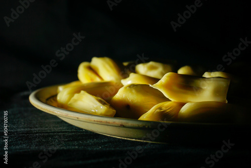 Jackfruit image captured at night from India. Jackfruit is natural fruit its origin is in the region between the Western Ghats of southern India, all of Sri Lanka and the rainforests of the Philippine