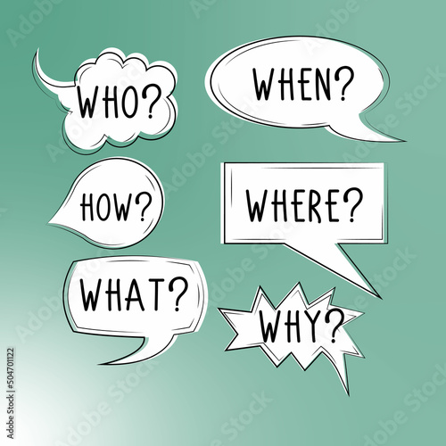 Canvas Print Vector isolated colourful speech bubble with text WHO WHAT WHERE WHEN WHY HOW and question mark