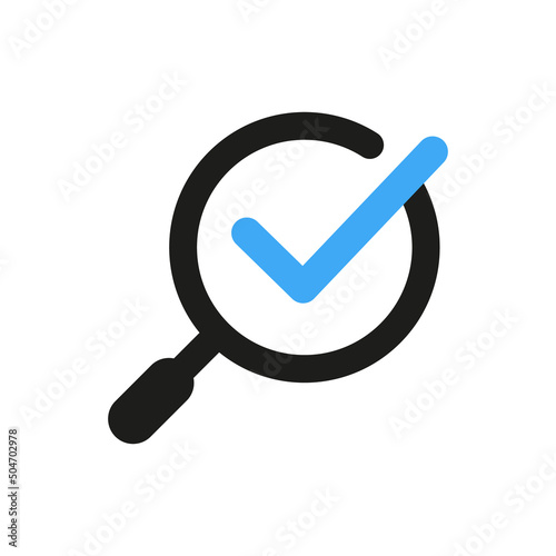 Black Magnifier with ok tick. Magnifying glass icon. Search and found button for web pages. Vector illustration.