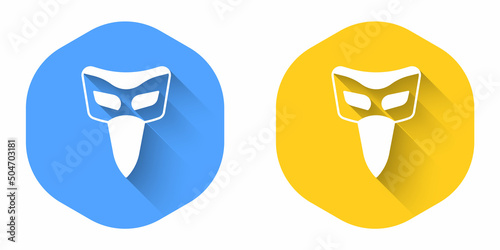 White Carnival mask icon isolated with long shadow background. Masquerade party mask. Circle button. Vector