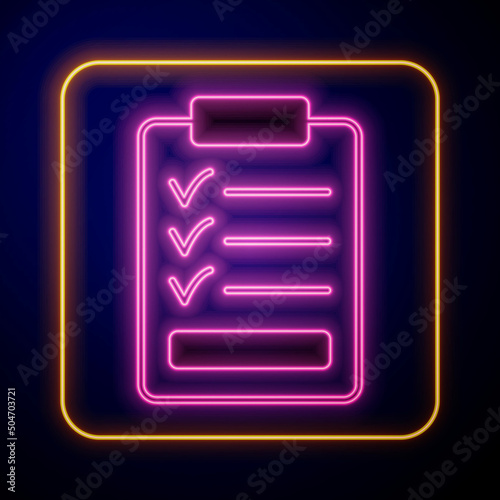 Glowing neon Clipboard with checklist icon isolated on black background. Control list symbol. Survey poll or questionnaire feedback form. Vector