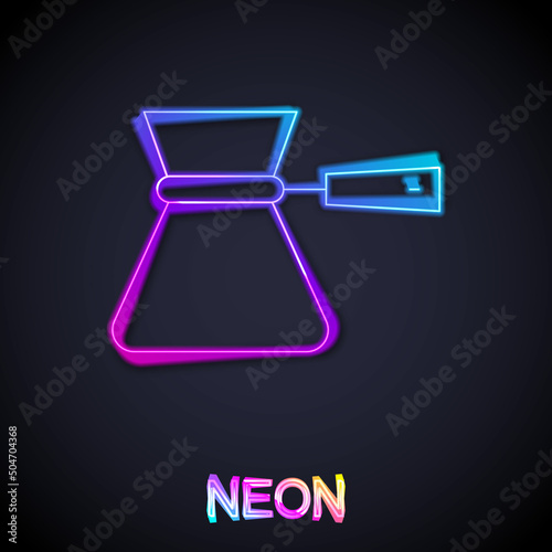 Glowing neon line Coffee turk icon isolated on black background. Coffee cezve. Vector