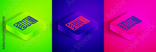 Isometric line Musical instrument accordion icon isolated on green, blue and pink background. Classical bayan, harmonic. Square button. Vector