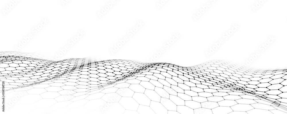 Abstract futuristic hexagon wave with moving dots. Flow of particles. Technology illustration. Vector illustration. - obrazy, fototapety, plakaty 