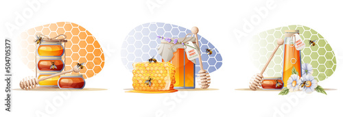 A set of illustrations with a jar of honey, a wooden spoon, bees and flowers on a multi-colored background in the form of a honeycomb