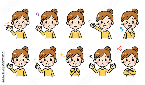 若い女性の表情セット　主婦　お母さん　イラスト　素材
