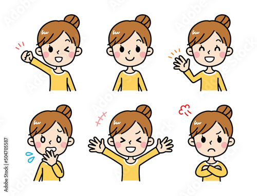 若い女性の表情セット B　主婦　お母さん　イラスト　素材