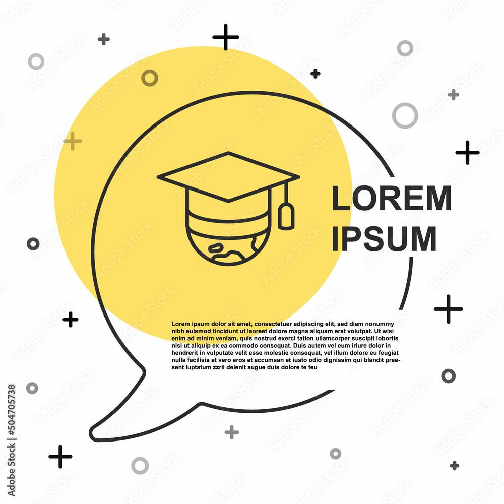 Black line Graduation cap on globe icon isolated on white background. World education symbol. Online learning or e-learning concept. Random dynamic shapes. Vector Black line Graduation cap on globe icon isolated on white background. World education symbol. Online learning or e-learning concept. Random dynamic shapes. Vector