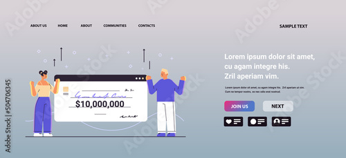 happy people holding lottery certificate for ten million dollars man woman winners celebrating jackpot money cash winning