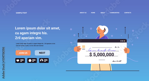 senior woman holding lottery certificate for ten million dollars grandmother winner celebrating jackpot money cash winning