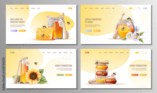 A set of web pages for a honey store, honey products. Honey jar, wooden spoon, bees and flowers. Suitable for website design, web banner, app