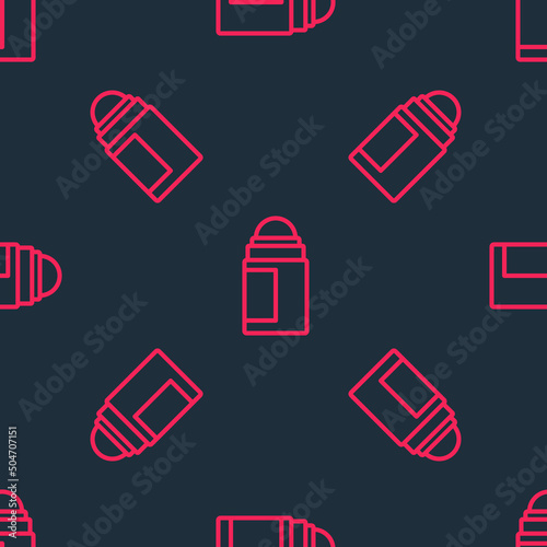 Red line Antiperspirant deodorant roll icon isolated seamless pattern on black background. Cosmetic for body hygiene. Vector