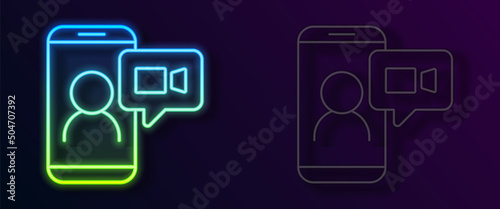 Glowing neon line Video chat conference icon isolated on black background. Online meeting work form home. Remote project management. Vector