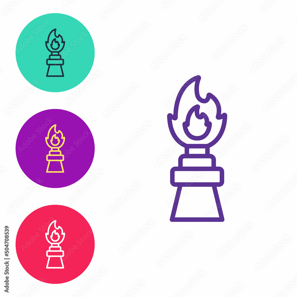 Set line Oil rig with fire icon isolated on white background. Fire accident. Gas tower. Industrial object. Set icons colorful. Vector