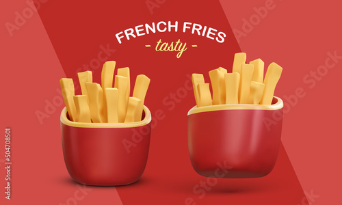 3d realistic render French fries in red package isolated on red background. Vector illustration
