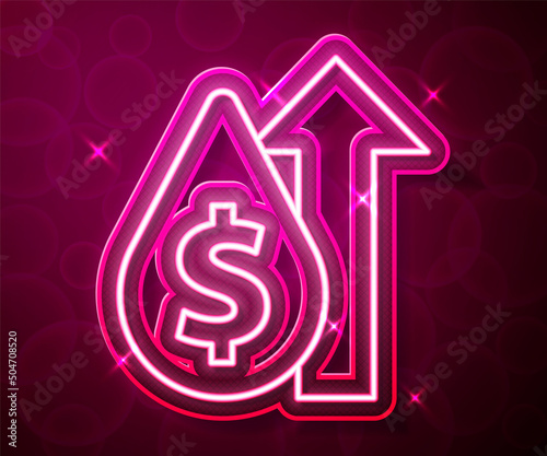 Glowing neon line Oil price increase icon isolated on red background. Oil industry crisis concept. Vector