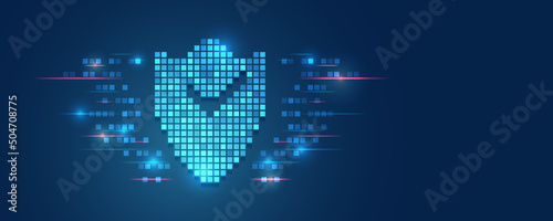 Pixel shield icon, future technology for verification. Abstract high tech background. Data security system, information, or network protection. Cyber security and data protection.