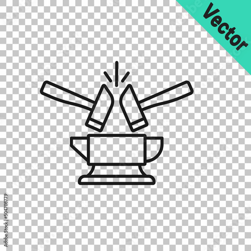 Black line Blacksmith anvil tool and hammer icon isolated on transparent background. Metal forging. Forge tool. Vector